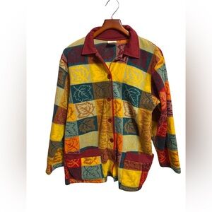 Vintage‎ Cityscape Button Front Fleece Jacket Women's XL Colorblock Leaves Print